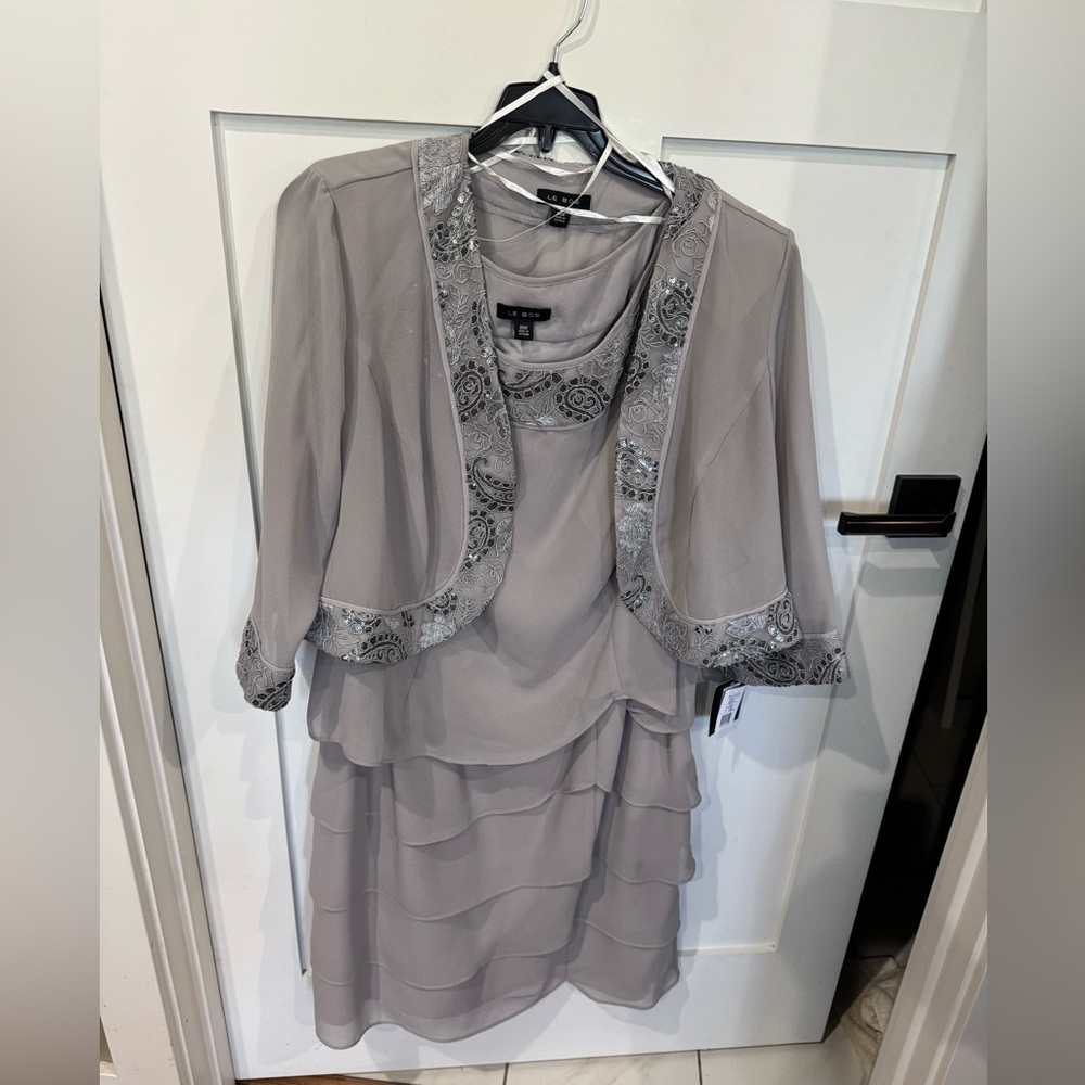 NWT Elegant Gray Layered le BOS Dress with Embellished Jacket